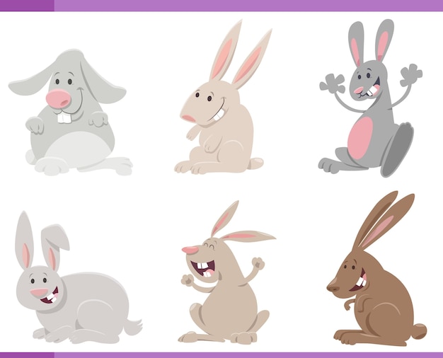 Cartoon happy rabbits farm animal characters set