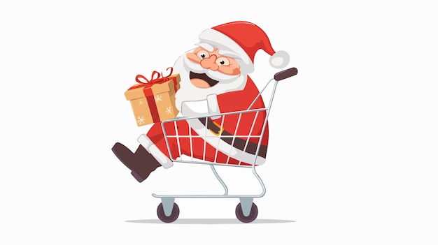 Cartoon Happy Santa Claus Sitting on Shopping Cart