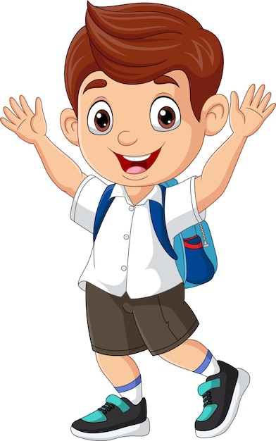 Cartoon happy school boy raising hands