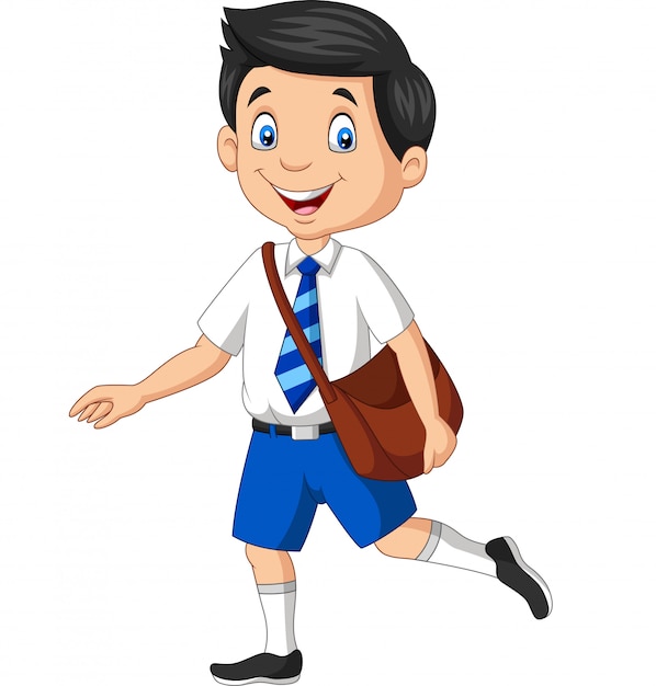 Cartoon happy school boy in uniform carrying backpack