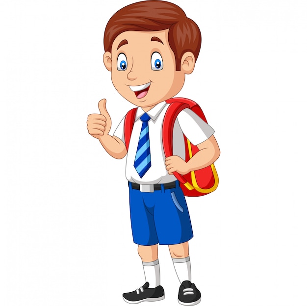 Cartoon happy school boy in uniform giving a thumb up