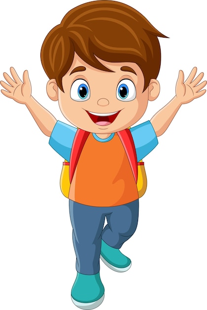 Cartoon happy school boy waving hand