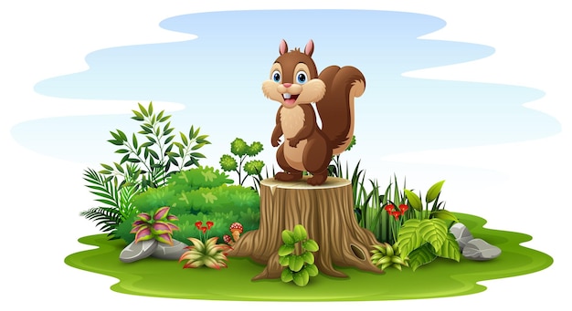 Cartoon happy squirrel standing on tree stump