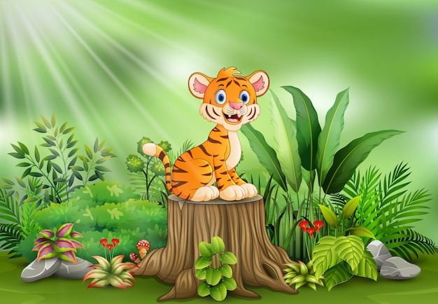 Cartoon happy tiger sitting on tree stump with green plants