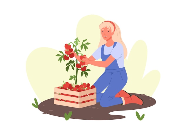 Vector cartoon happy woman working in eco garden greenhouse