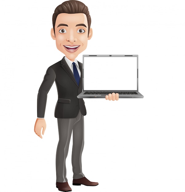 Cartoon happy young businessman holding a laptop