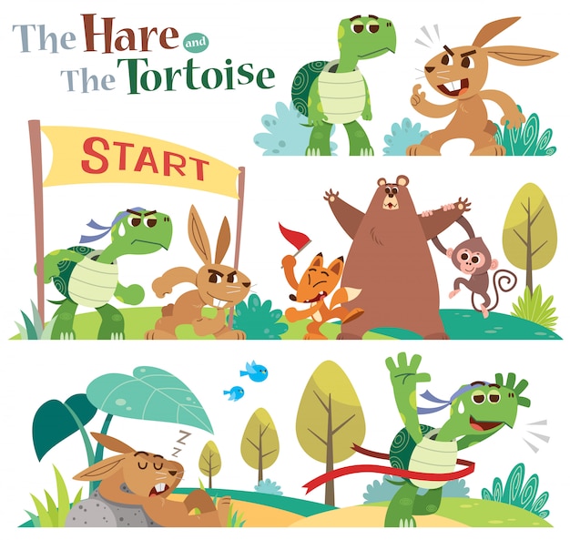 Cartoon the hare and the tortoise character set.