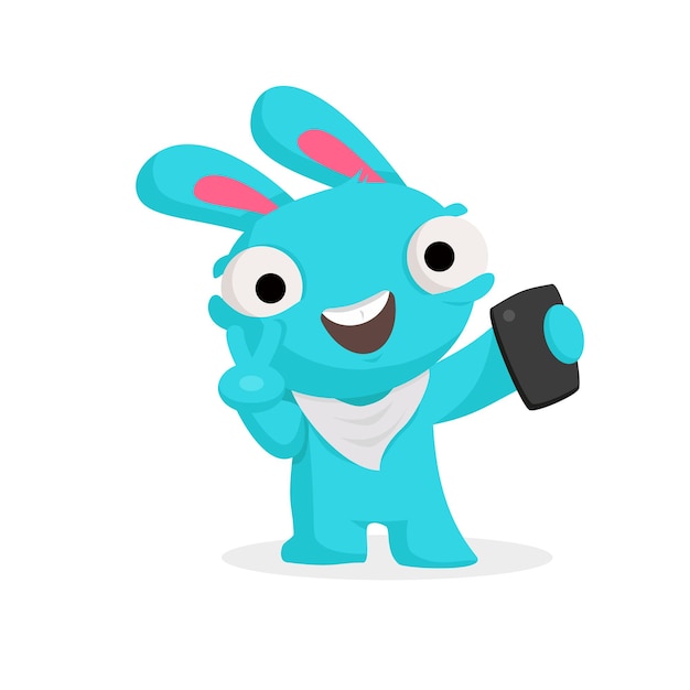 Cartoon hare with a phone takes a selfie