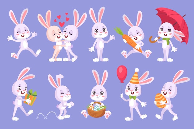 Cartoon hares with carrot Cute bunny characters adorable funny love couple rabbits baby hare sticker collection for birthday or easter gift ingenious animal vector illustration