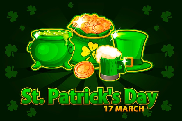 Cartoon hat, beer glass, coin and money bag and pot with magic potion. Illustration For Happy St. Patrick Day. Greeting card, poster, banner. Objects on a separate layer