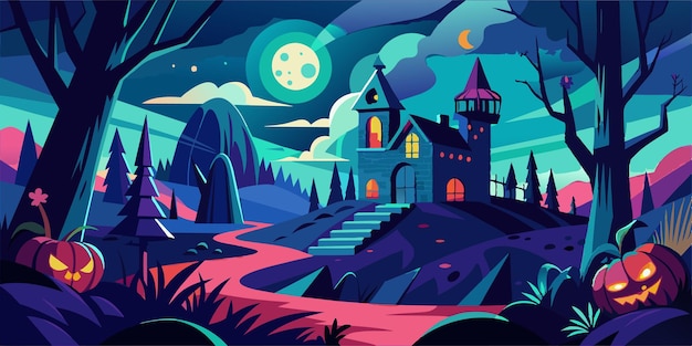 A cartoon haunted house is situated in a dark forest during the night