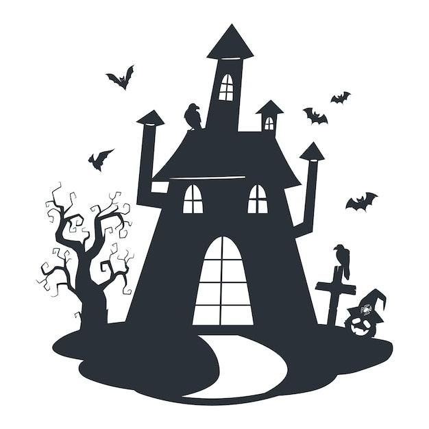 Cartoon haunted house silhouette Halloween spooky ghost house creepy monsters haunted castle Scary house with ghosts flat vector illustration