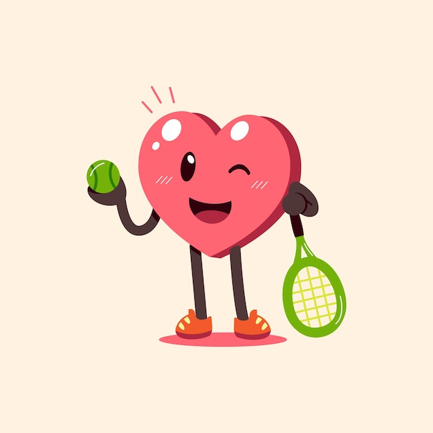 Cartoon heart character with tennis racket and ball