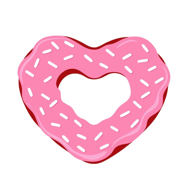 Vector cartoon heart shaped donut with pink glaze on white background love and valentines day concept 7