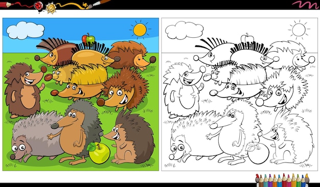 Cartoon hedgehogs animal characters group coloring page