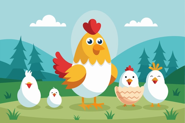 Vector cartoon hens and chicks stand together near their eggs amidst a picturesque landscape of hills and trees eggs and chicken customizable disproportionate illustration