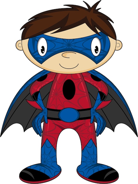 Cartoon Heroic Superhero Comic Book Character in Mask and Spider Web Costume Illustration