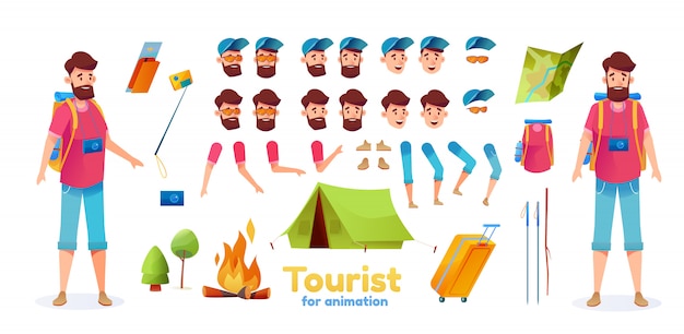 Cartoon hiker camping tourist animation set. young man with backpack hiking sticks tent map creation kit with face emotions, various position. Trekking man constructor with bonfire, camera