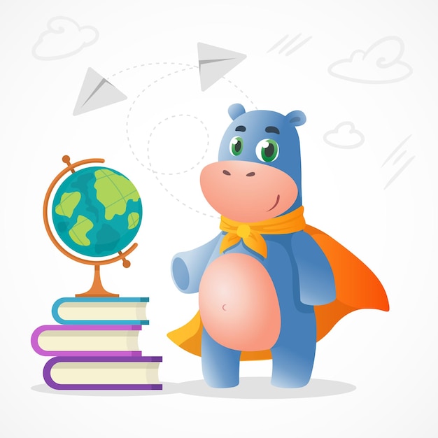 Cartoon hippopotamus kid mascot standing near book pack and globe Student crocodile saying Hi to children