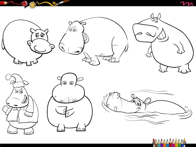 Cartoon hippos animal characters set coloring page