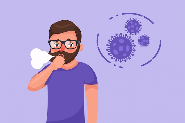 Cartoon hipster bearded young man with coronavirus dry cough symptom.