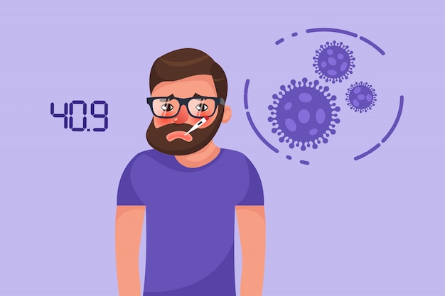 Cartoon hipster bearded young man with coronavirus fever symptom. Flat style character