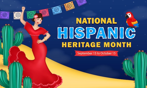 Vector cartoon hispanic heritage month banner with 3d cute macaw parrot and flamenco female dancer with fan