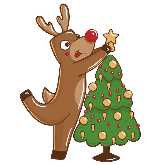 Cartoon holiday deer decorate the christmas tree.