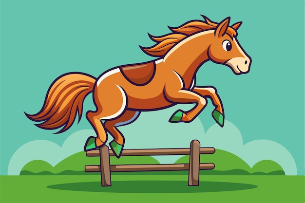 Vector a cartoon horse jumps gracefully over a wooden fence in a vibrant cheerful landscape customizable cartoon illustration of a horse jumping