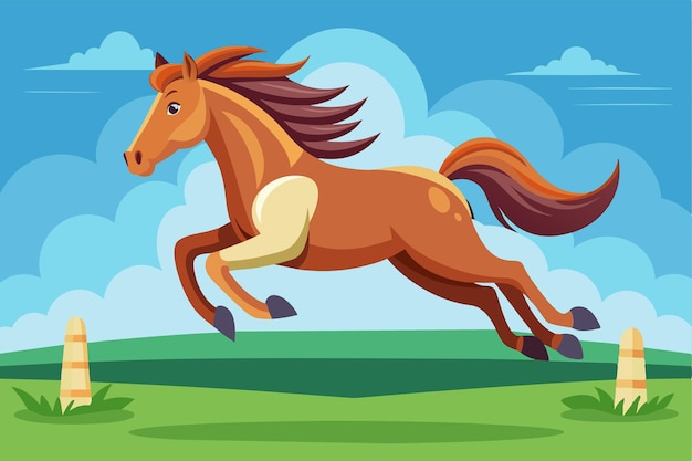 Vector a cartoon horse leaps over a fence in a bright green landscape under a clear blue sky horse jumping customizable cartoon illustration