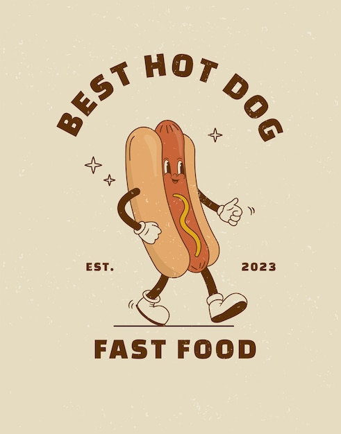 Vector cartoon hot dog character in retro 70s style street food vector illustration vintage mascot poster