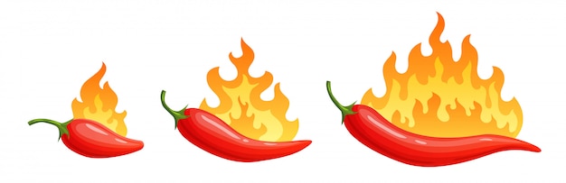 Cartoon hot peppers. Spicy pepper with fire flames and flames red chili  icons set