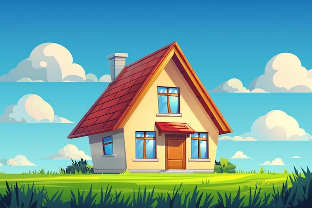 Vector cartoon house on grass with sky background