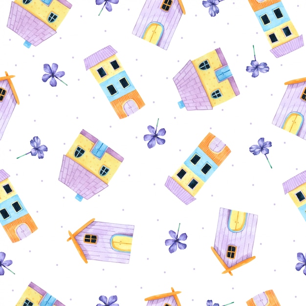 Cartoon House Seamless Pattern in watercolor