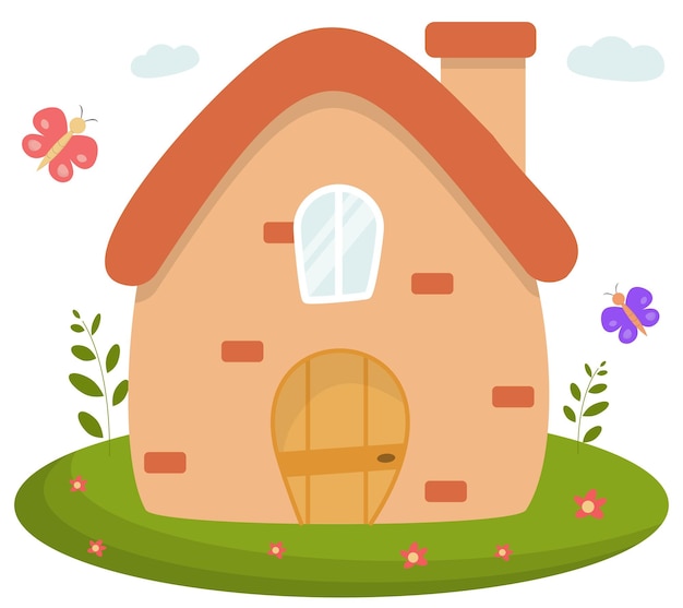 a cartoon house with butterflies and flowers