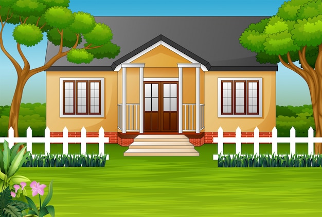 Cartoon house with green yard and wooden fence