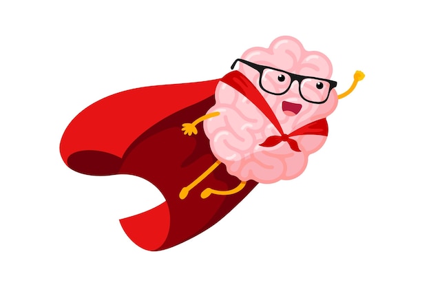 Cartoon human brain fly in sky as super hero clever central nervous system mascot superhero with