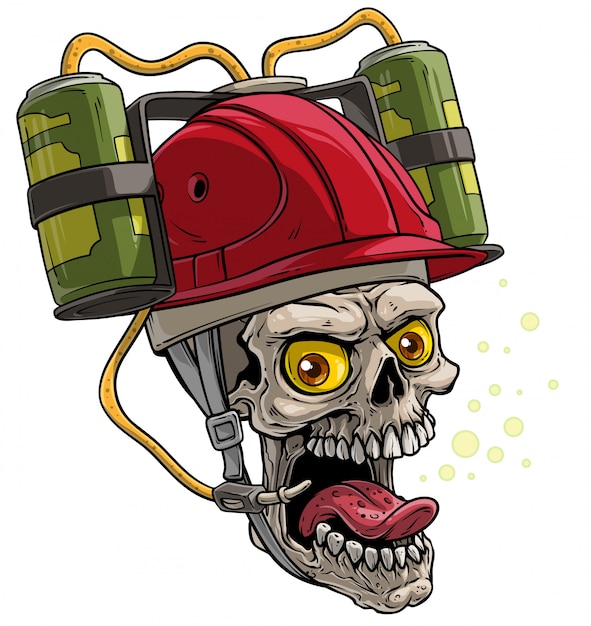 Cartoon human skull in red drinking beer helmet