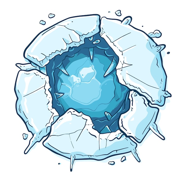 Cartoon ice hole breaking cracked surface Conceptual illustration winter cold water danger