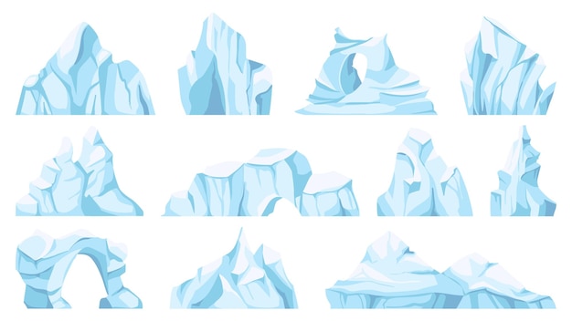 Cartoon iceberg. Drifting arctic glacier or ice rock. Frozen water, antarctic ice peaks, icy mountain for game, nature objects vector set. North pole broken pieces or ice blocks and bergs