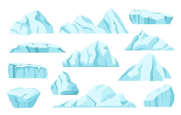 Cartoon icebergs arctic ice rocks Antarctic glaciers north pole frozen icy mountain vector set