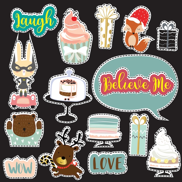 Cartoon icon collection with rabbit,bear,wording icon:love,wow,believe,laugh