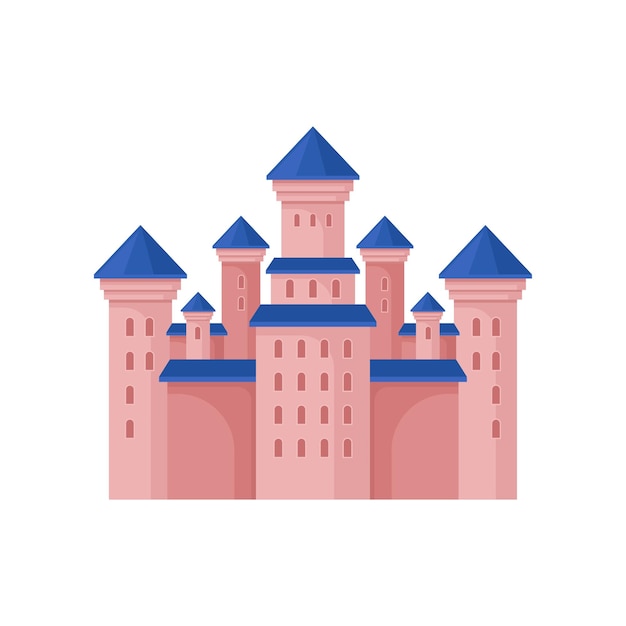 Cartoon icon of pink royal castle with high towers and blue roof Large fairy tale building Graphic element for children book Colorful vector illustration in flat style isolated on white background