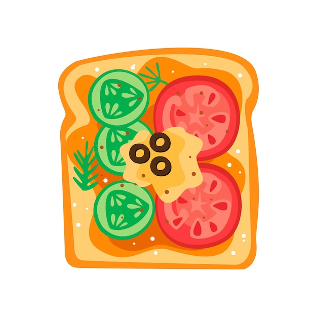 Cartoon icon of tasty sandwich with slices of cucumber tomatoes fresh cheese and olives Fast food theme Delicious breakfast Design for menu Colorful flat vector illustration isolated on white