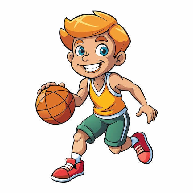 Cartoon Icon of a Young Boy Enthusiastically Playing Basketball