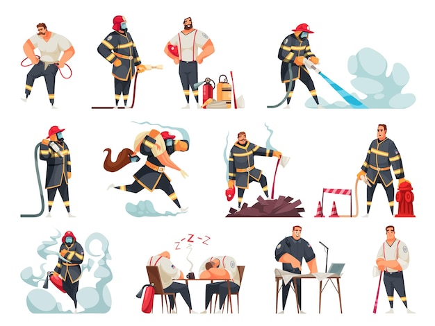 Vector cartoon icons of firefighters in uniform in different situations isolated on white background vector illustration