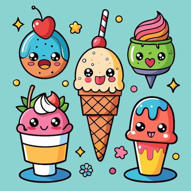 Vector a cartoon illustration of 5 ice cream cones with cute faces