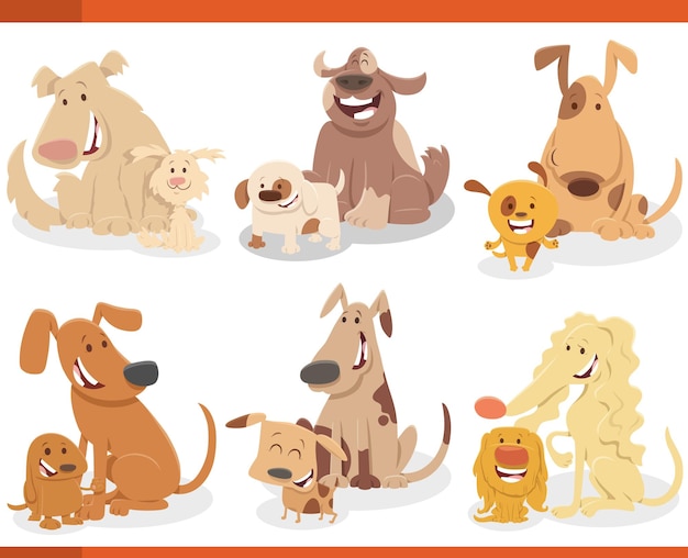 Cartoon illustration of adult dogs with puppies animal characters set