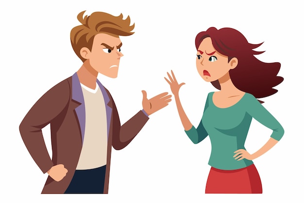 Vector a cartoon illustration of an angry couple arguing with their hands in the air facing each other on a white background