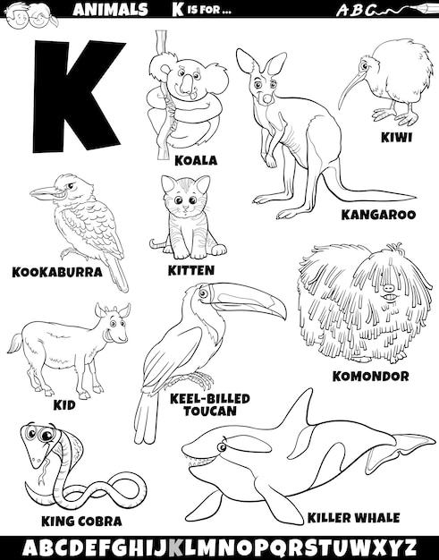 Cartoon illustration of animal characters set for letter K coloring page